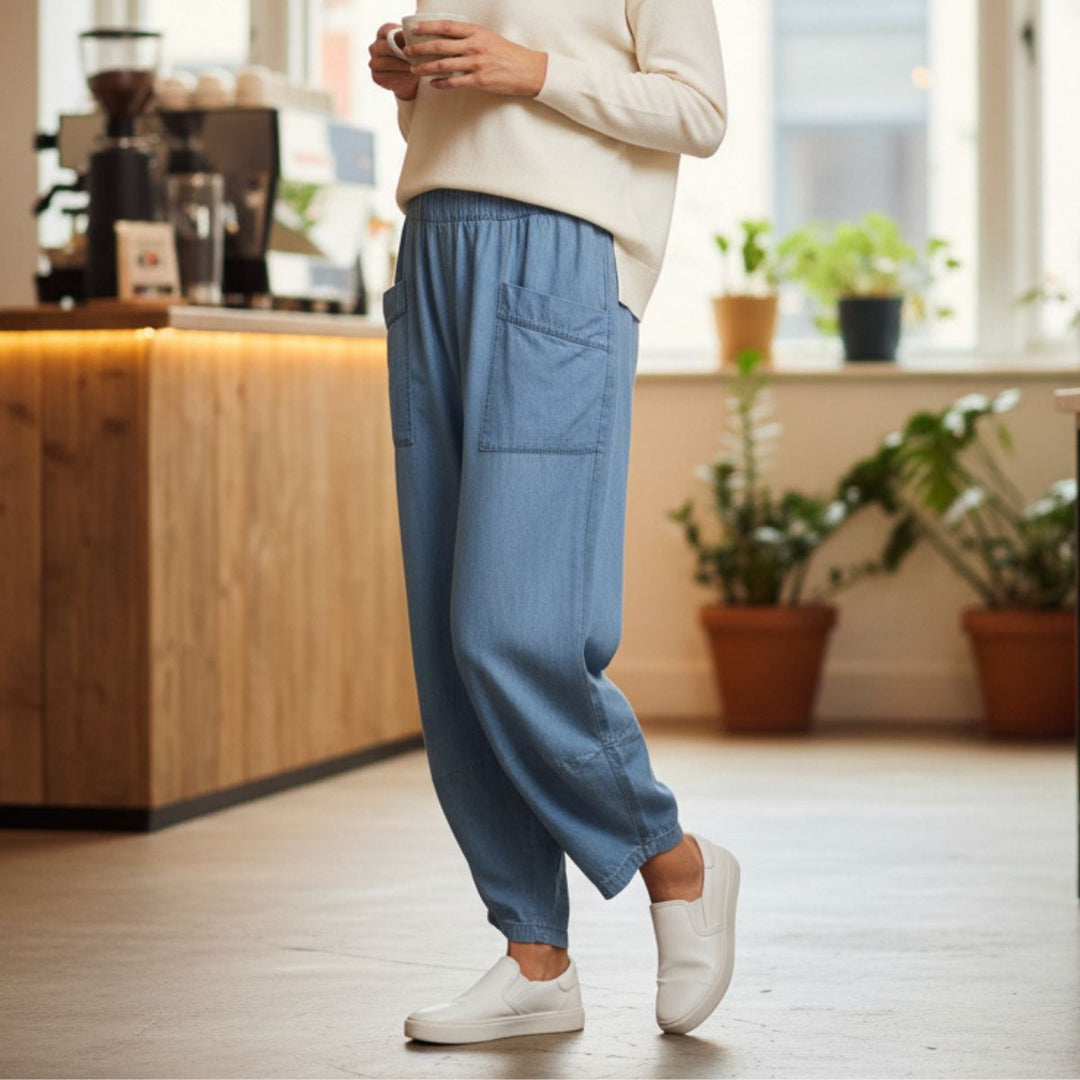 Delta Light Denim Barrel Leg Cotton Trousers - Sugarplum Boutique