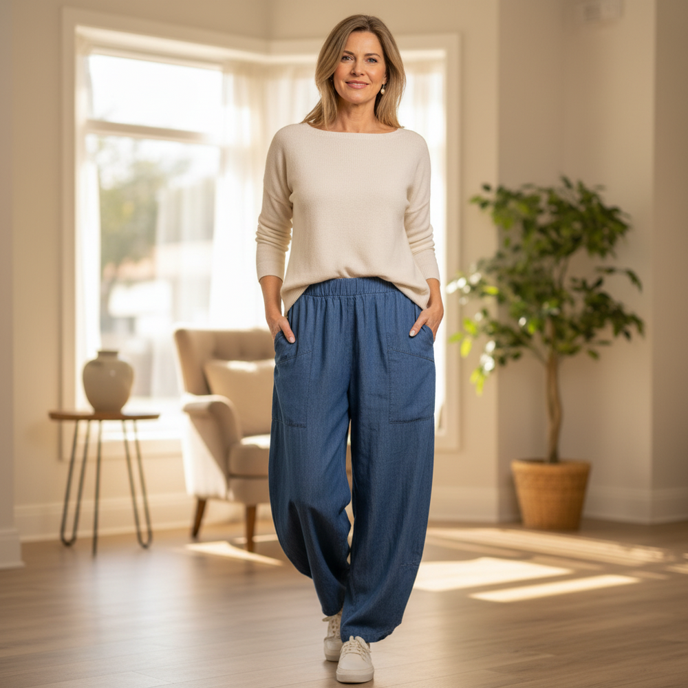 Delta Mid Denim Barrel Leg Cotton Trousers - Sugarplum Boutique