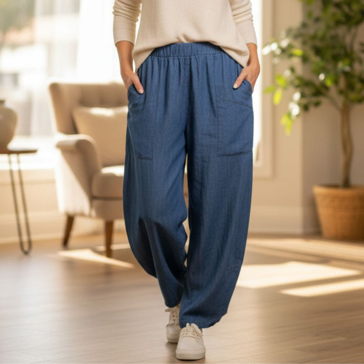 Delta Mid Denim Barrel Leg Cotton Trousers - Sugarplum Boutique