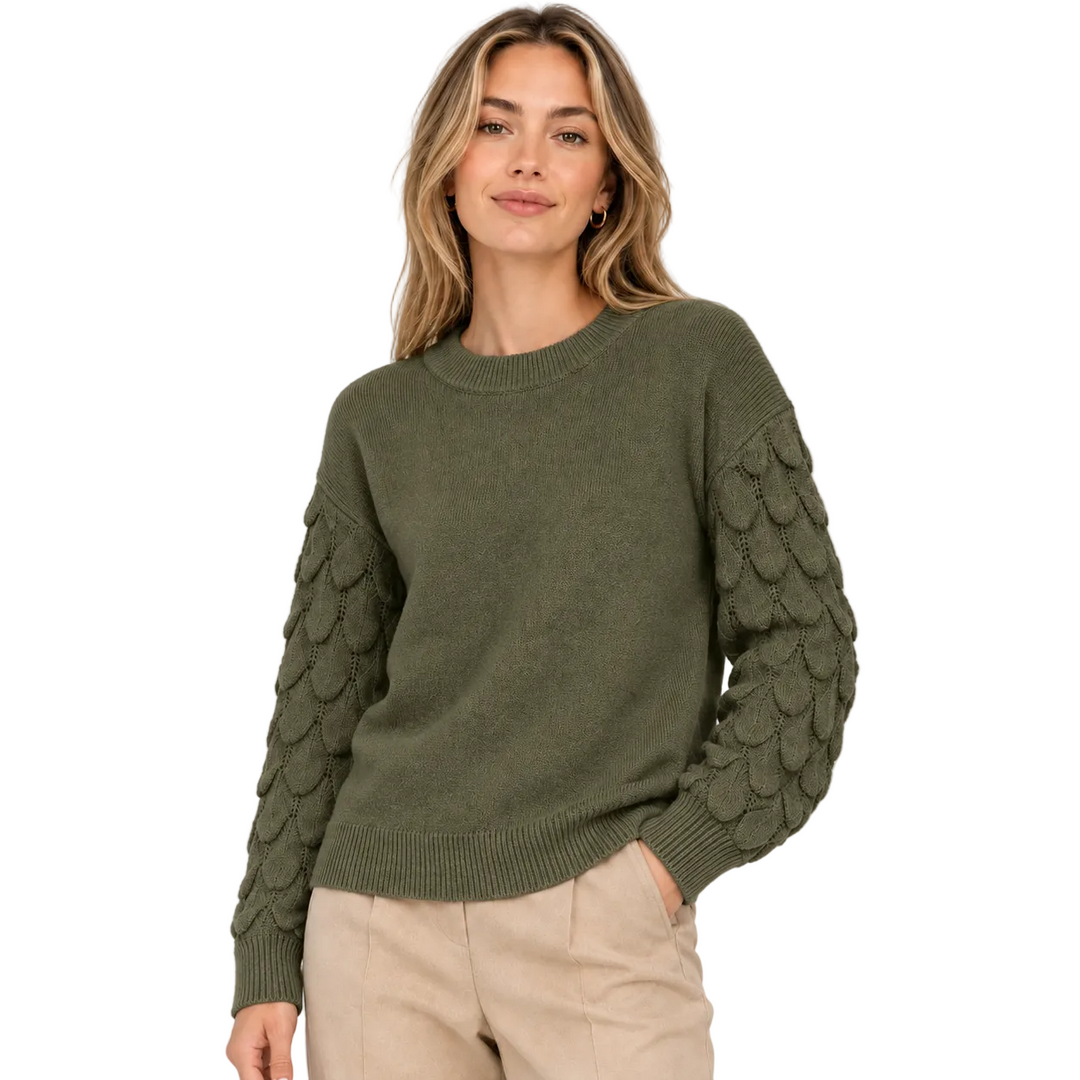 Demi Textured Long Sleeve Khaki Green Jumper - Sugarplum Boutique