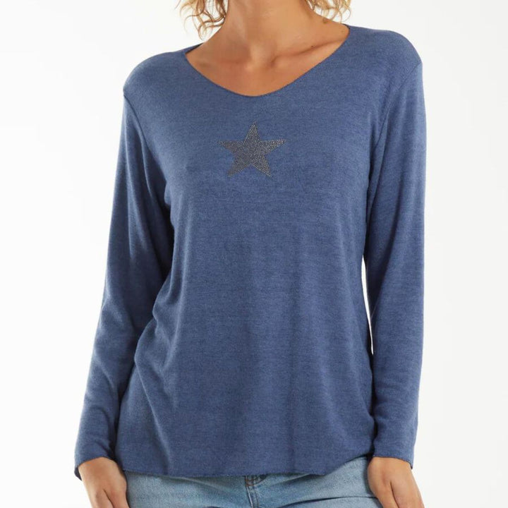 Diamante Star Denim Blue Light Knit Jumper  - Sugarplum Boutique