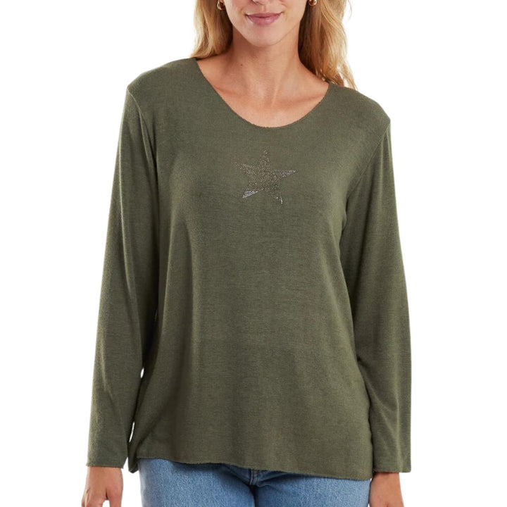 Diamante Star Khaki Green Light Knit Jumper  - Sugarplum Boutique