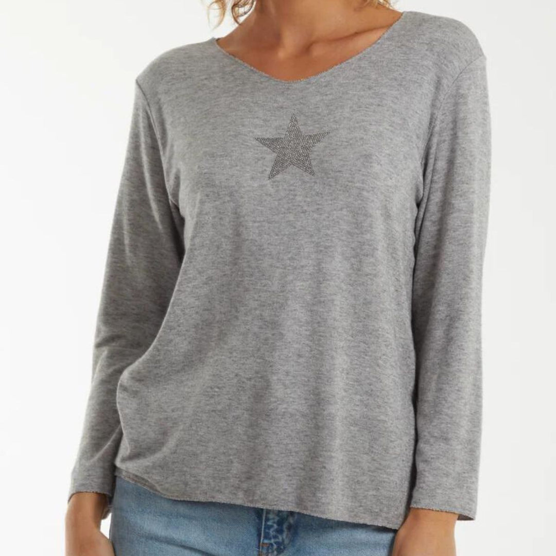 Diamante Star Light Grey Light Knit Jumper - Sugarplum Boutique