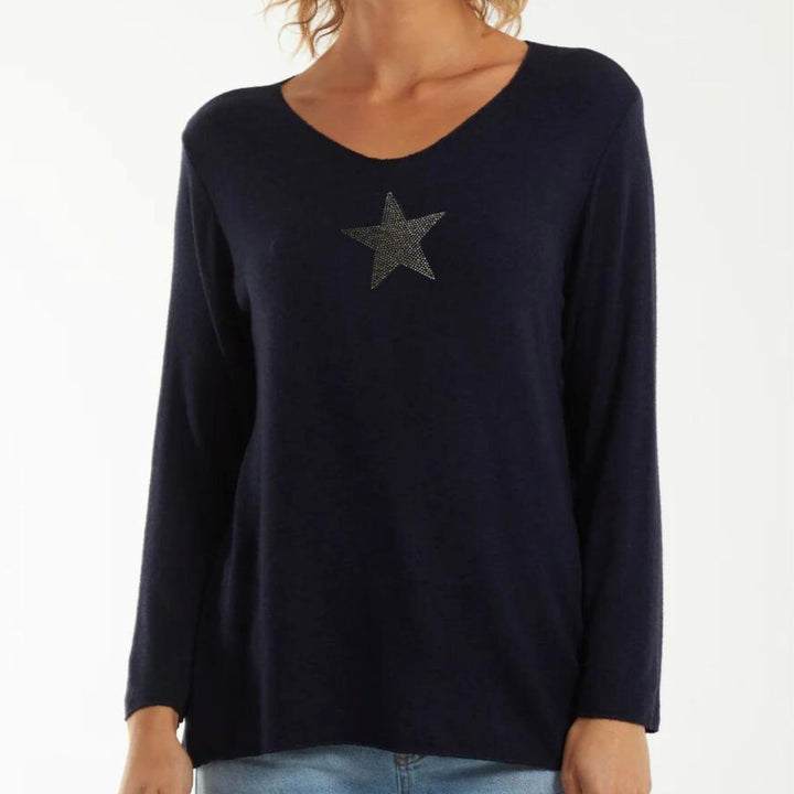 Diamante Star Navy Blue Light Knit Jumper  - Sugarplum Boutique