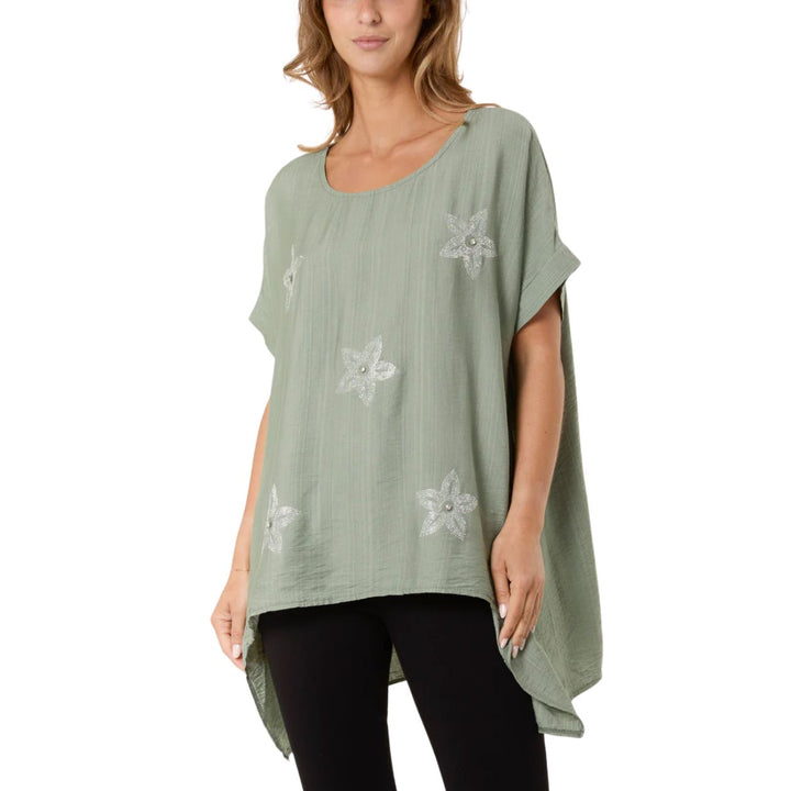 Diamante Star Oversize Asymmetric Hem Top Khaki Green - Sugarplum Boutique