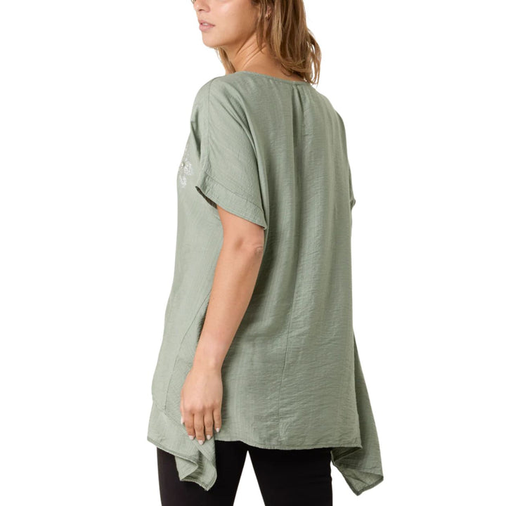 Diamante Star Oversize Asymmetric Hem Top Khaki Green - Sugarplum Boutique