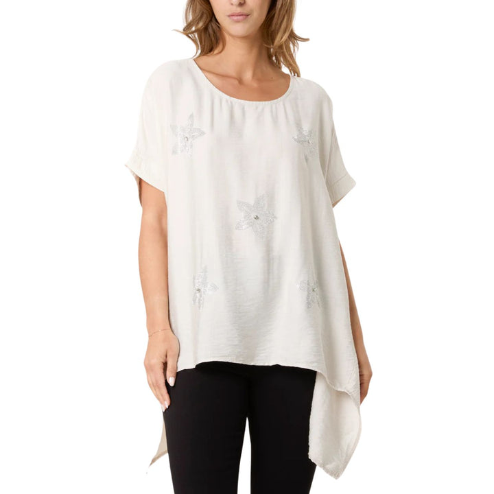 Diamante Star Oversize Asymmetric Hem Top Stone - Sugarplum Boutique