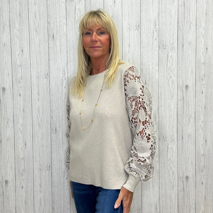 Diego Lace Sleeve Jumper Stone - Sugarplum Boutique