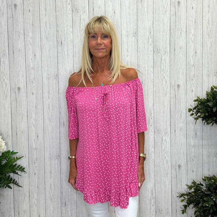 Ditsy Floral Short Sleeve Frill Hem Top Cerise Pink - Sugarplum Boutique