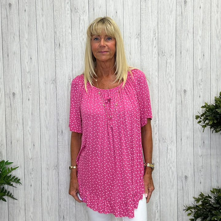 Ditsy Floral Short Sleeve Frill Hem Top Cerise Pink - Sugarplum Boutique