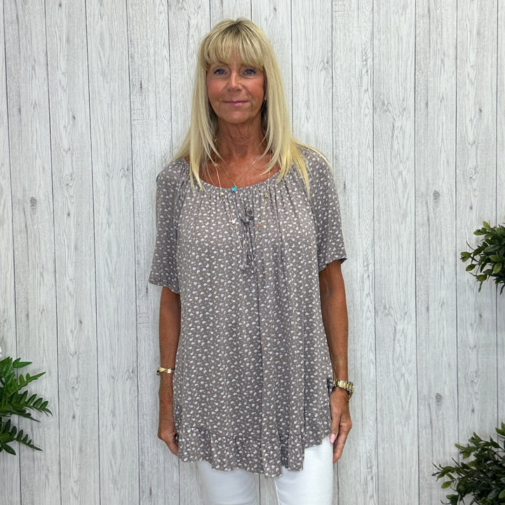 Ditsy Floral Short Sleeve Frill Hem Top Mocha Brown - Sugarplum Boutique