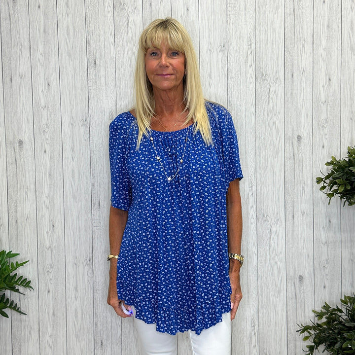 Ditsy Floral Short Sleeve Frill Hem Top Royal Blue - Sugarplum Boutique