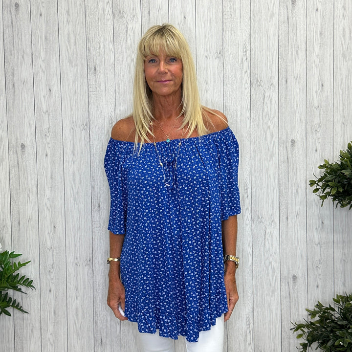 Ditsy Floral Short Sleeve Frill Hem Top Royal Blue - Sugarplum Boutique