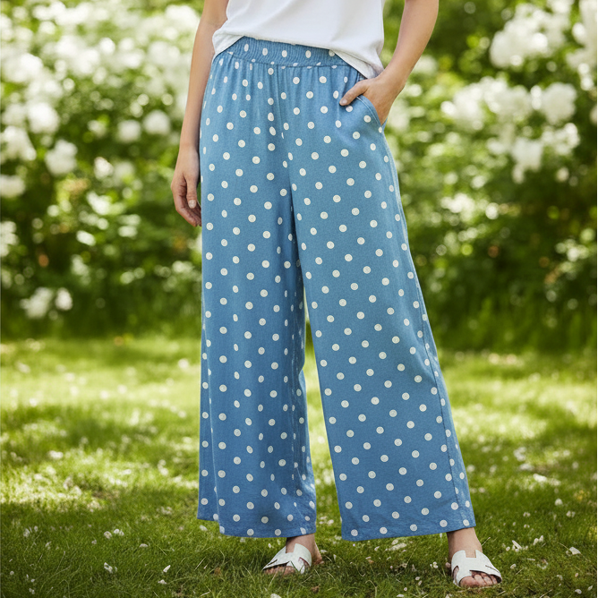 Dolly Polka Dot Light Denim Wide Leg Trousers -Sugarplum Boutique