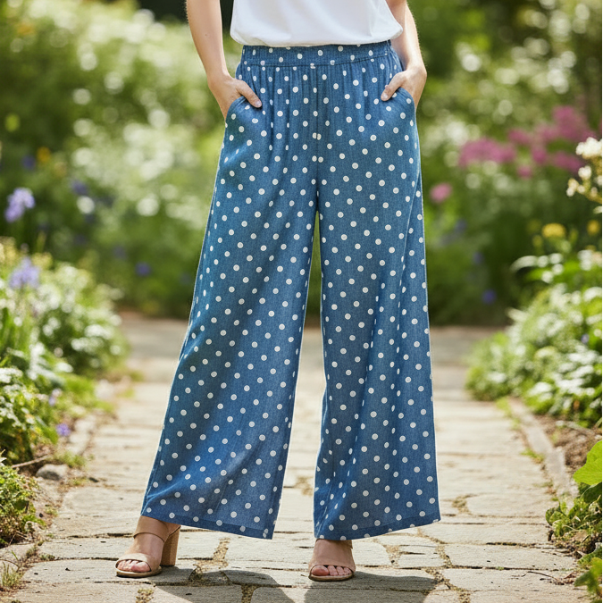 Dolly Polka Dot Mid Denim Wide Leg Trousers - Sugarplum Boutique