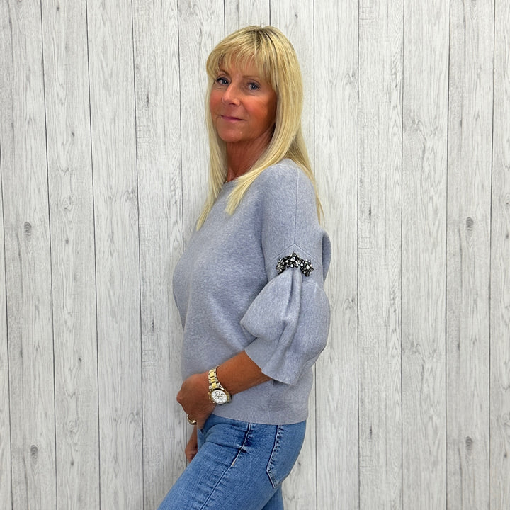 Dora Jewelled Sleeve Round Neck Jumper Grey - Sugarplum Boutique
