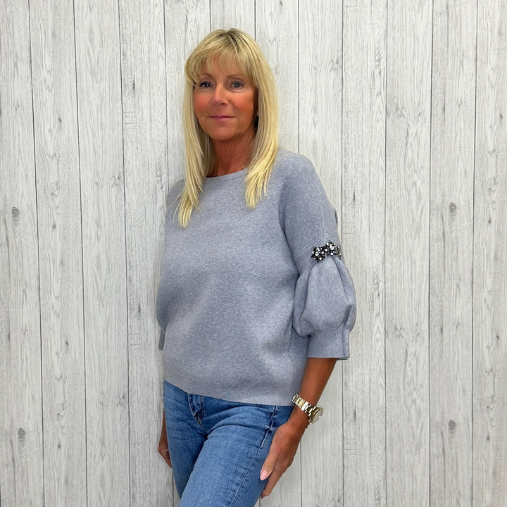 Dora Jewelled Sleeve Round Neck Jumper Grey - Sugarplum Boutique