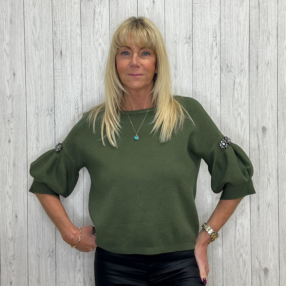 Dora Jewelled Sleeve Round Neck Jumper Khaki Green - Sugarplum Boutique