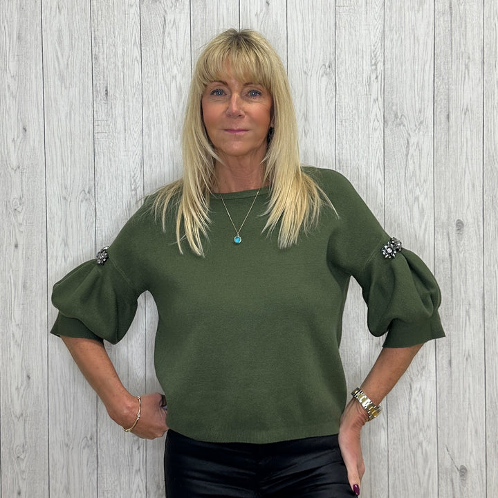 Dora Jewelled Sleeve Round Neck Jumper Khaki Green - Sugarplum Boutique