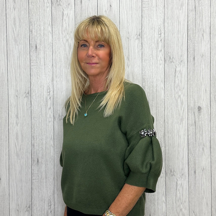 Dora Jewelled Sleeve Round Neck Jumper Khaki Green - Sugarplum Boutique