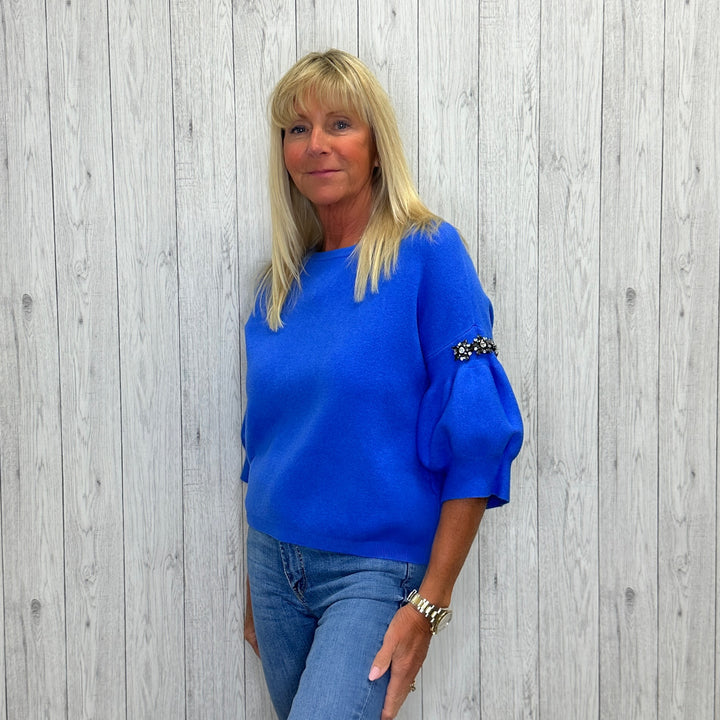 Dora Jewelled Sleeve Round Neck Jumper Sky Blue - Sugarplum Boutique