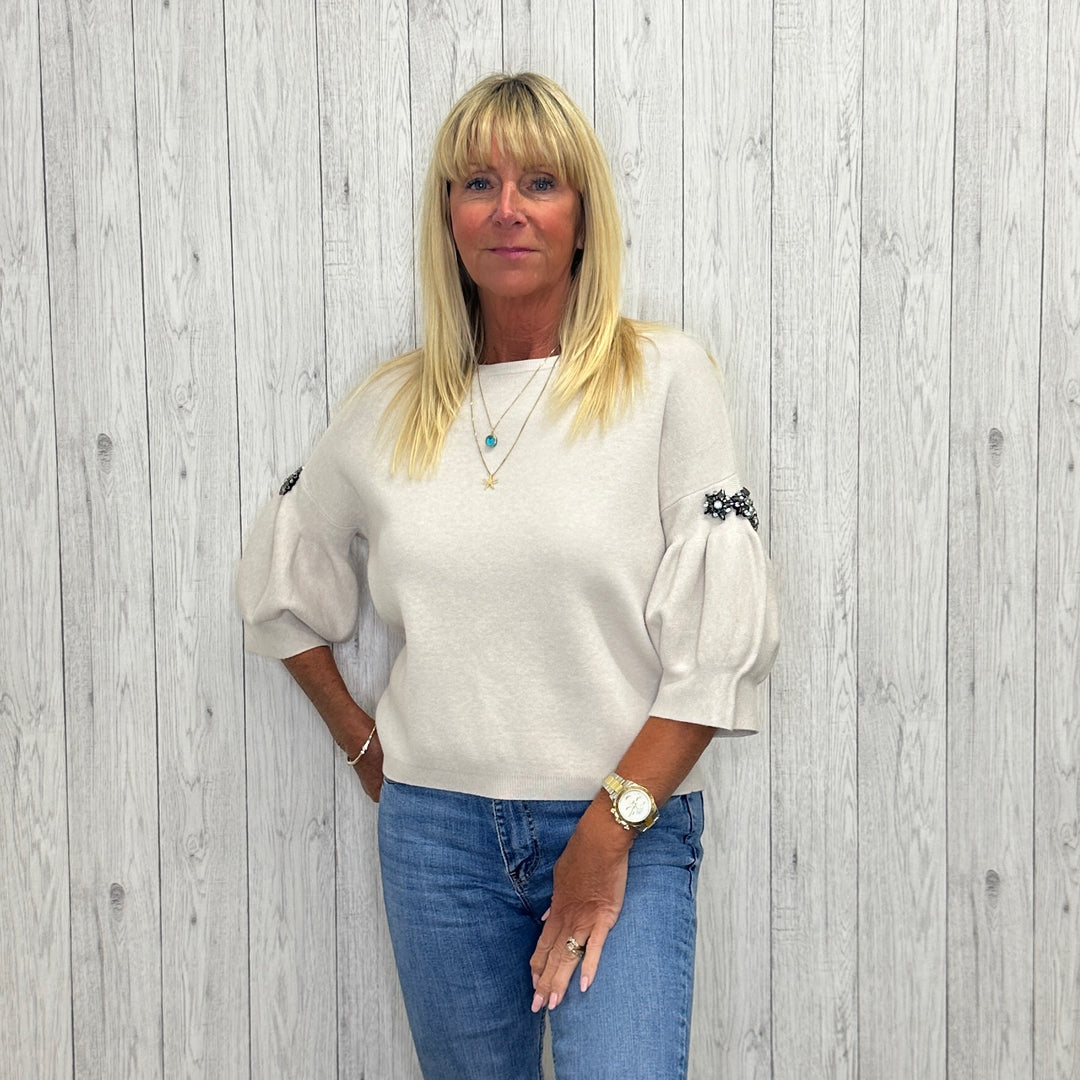 Dora Jewelled Sleeve Round Neck Jumper Stone - Sugarplum Boutique