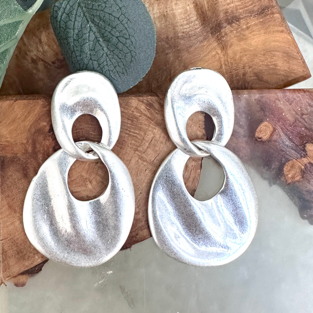 Double Hammered Hoop Silver Drop Earrings - Sugarplum Boutique