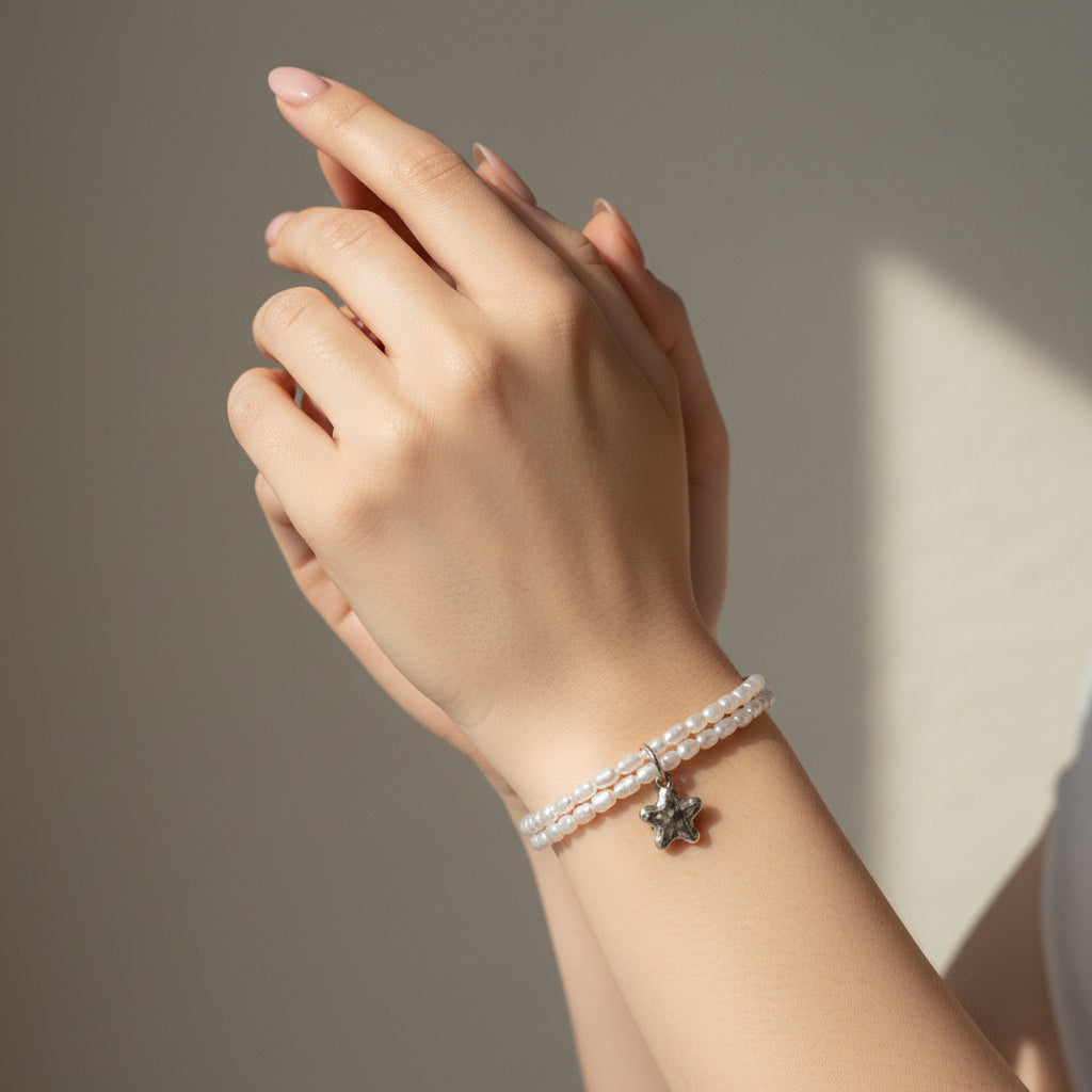 Double Pearl Strand Hammered Silver Flower Elasticated Bracelet - Sugarplum Boutique