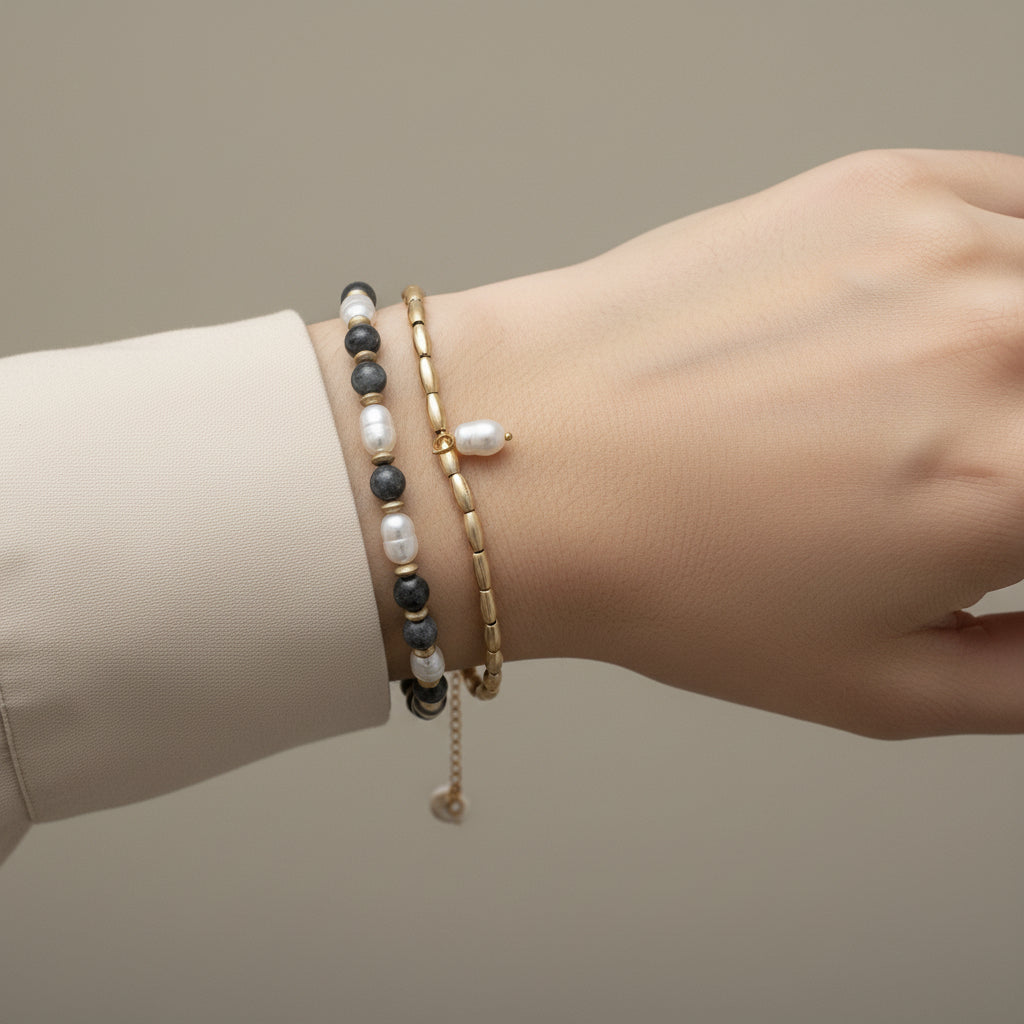 Double Strand Elasticated Dark Grey Bead Bracelet Gold - Sugarplum Boutique