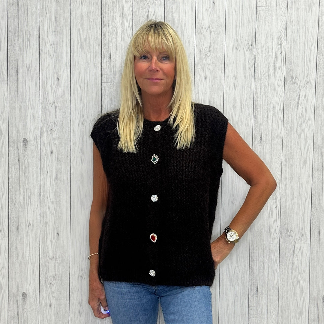 Durham Jewelled Button Waistcoat Gilet Chocolate Brown - Sugarplum Boutique