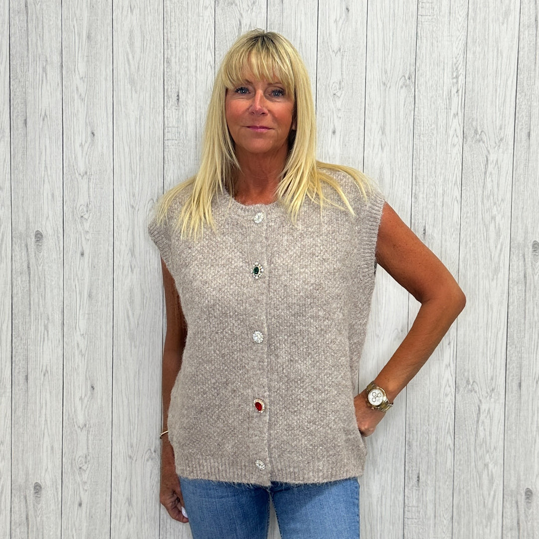 Durham Jewelled Button Waistcoat Gilet Mocha Brown - Sugarplum Boutique