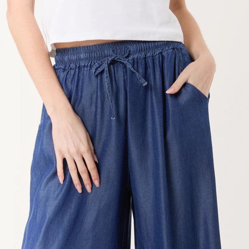 Elastic Waist Tencel Wide Leg Trousers Dark Denim - Sugarplum Boutique