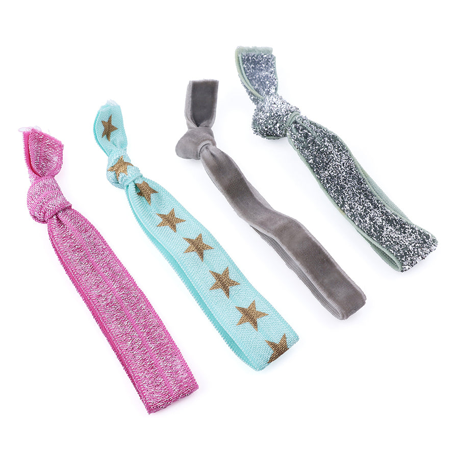 Elena Aqua Pink Grey Mix Stars And Glitter Hair Tie 4 Pack - Sugarplum Boutique