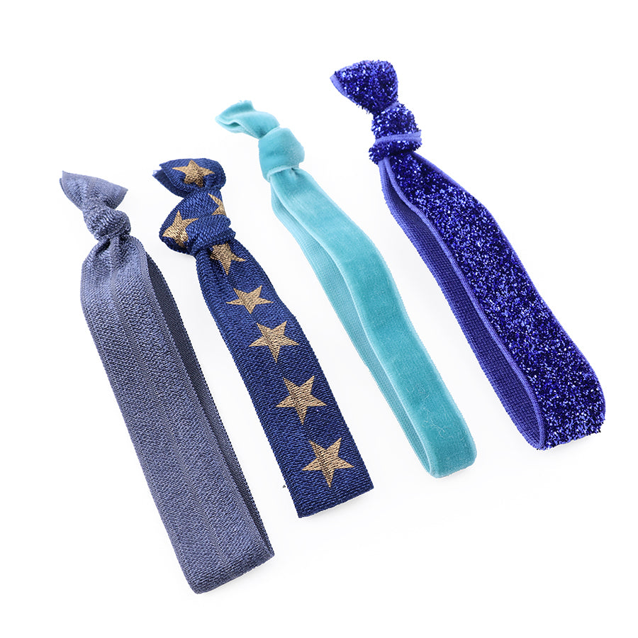 Elena Blue Grey Aqua Mix Stars And Glitter Hair Tie 4 Pack - Sugarplum Boutique