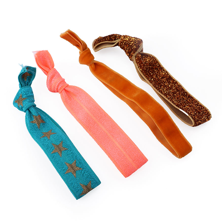 Elena Bronze Coral Teal Mix Stars And Glitter Hair Tie 4 Pack - Sugarplum Boutique