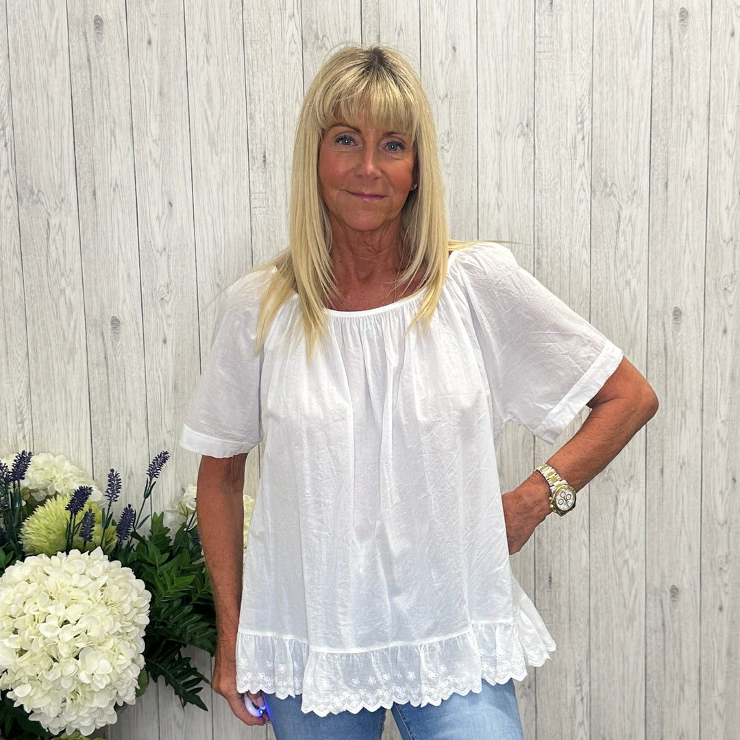 Elira Cotton Frill Hem Top White - Sugarplum Boutique