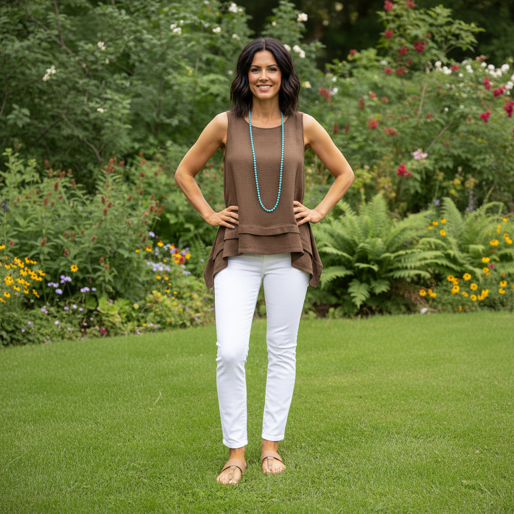 Elise Cotton Linen Mix Chocolate Brown Waterfall Sleeveless Top - Sugarplum Boutique