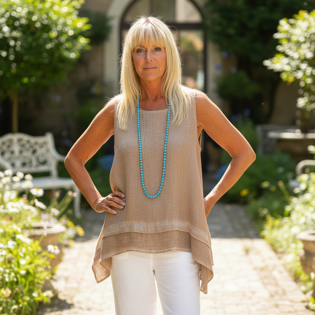 Elise Cotton Linen Mix Stone Waterfall Sleeveless Top - Sugarplum Boutique