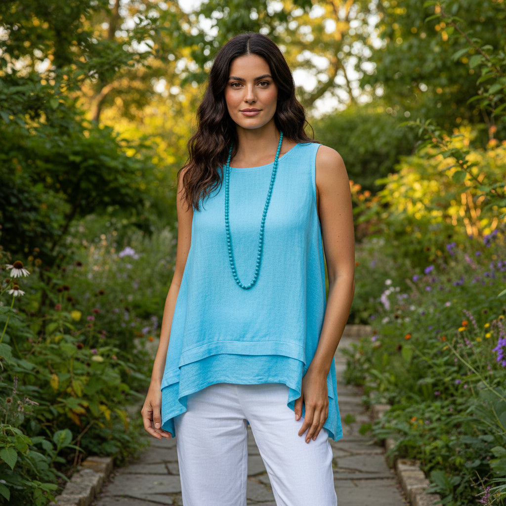 Elise Cotton Linen Mix Turquoise Blue Waterfall Sleeveless Top - Sugarplum Boutique