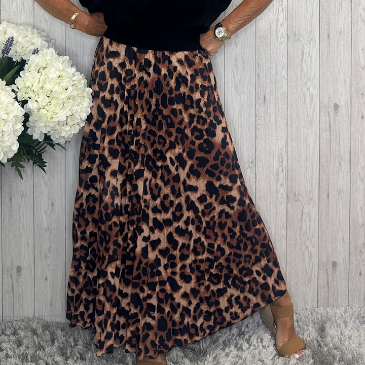 Elisha Animal Print Pleated Skirt Brown - Sugarplum Boutique