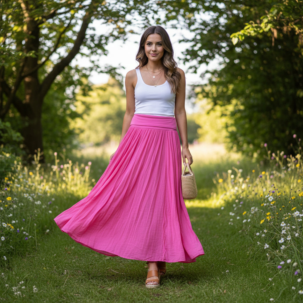 Ellen Cotton Jersey Waistband Maxi Skirt Bubblegum Pink - Sugarplum Boutique
