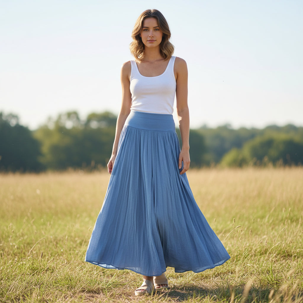 Ellen Cotton Jersey Waistband Maxi Skirt Denim Blue - Sugarplum Boutique