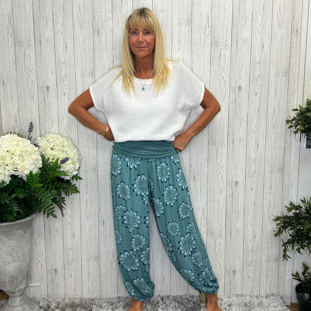 Ellen Flower Print Harem Trousers Teal Green -Sugarplum Boutique