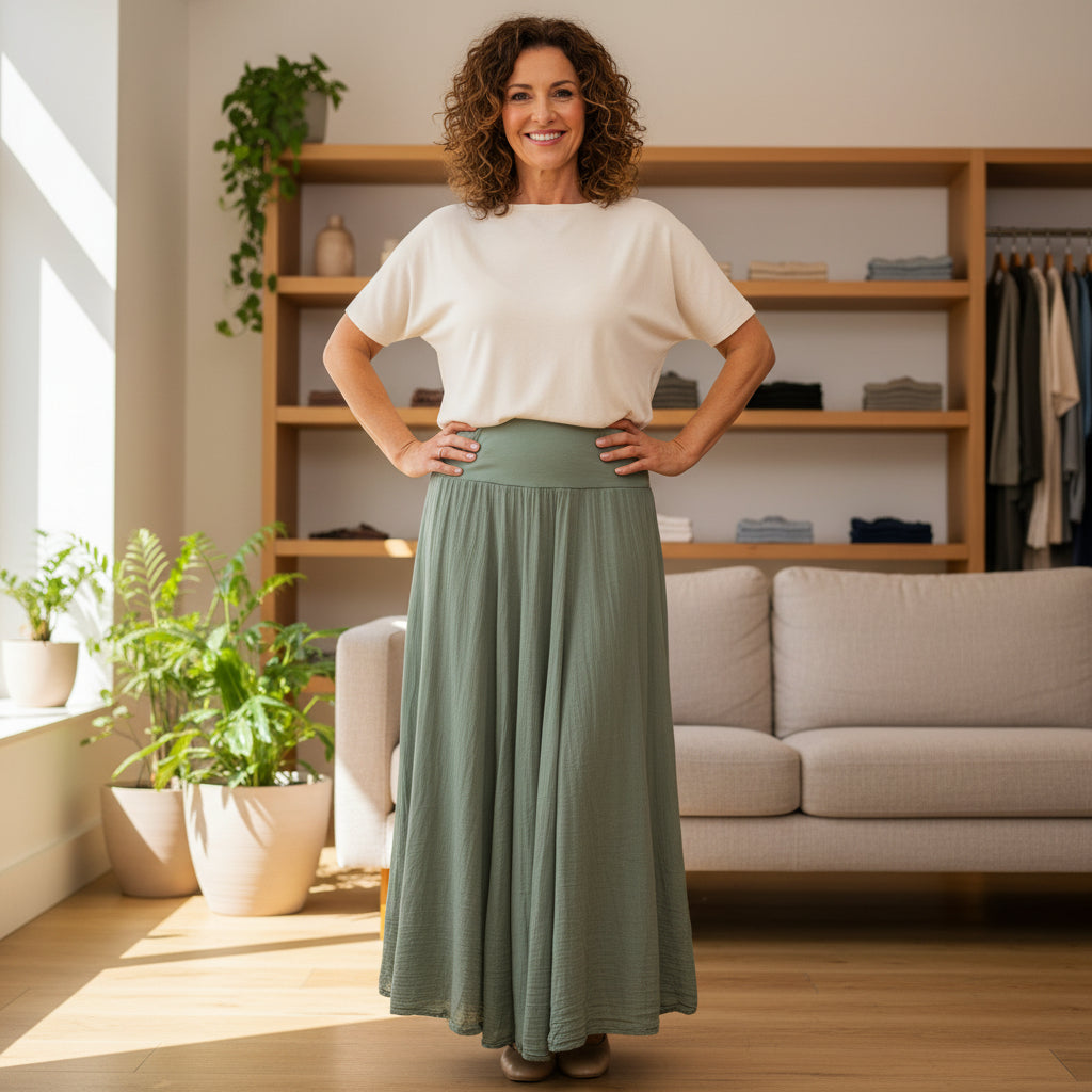 Ellen Khaki Green Cotton Jersey Waistband Maxi Skirt - Sugarplum Boutique