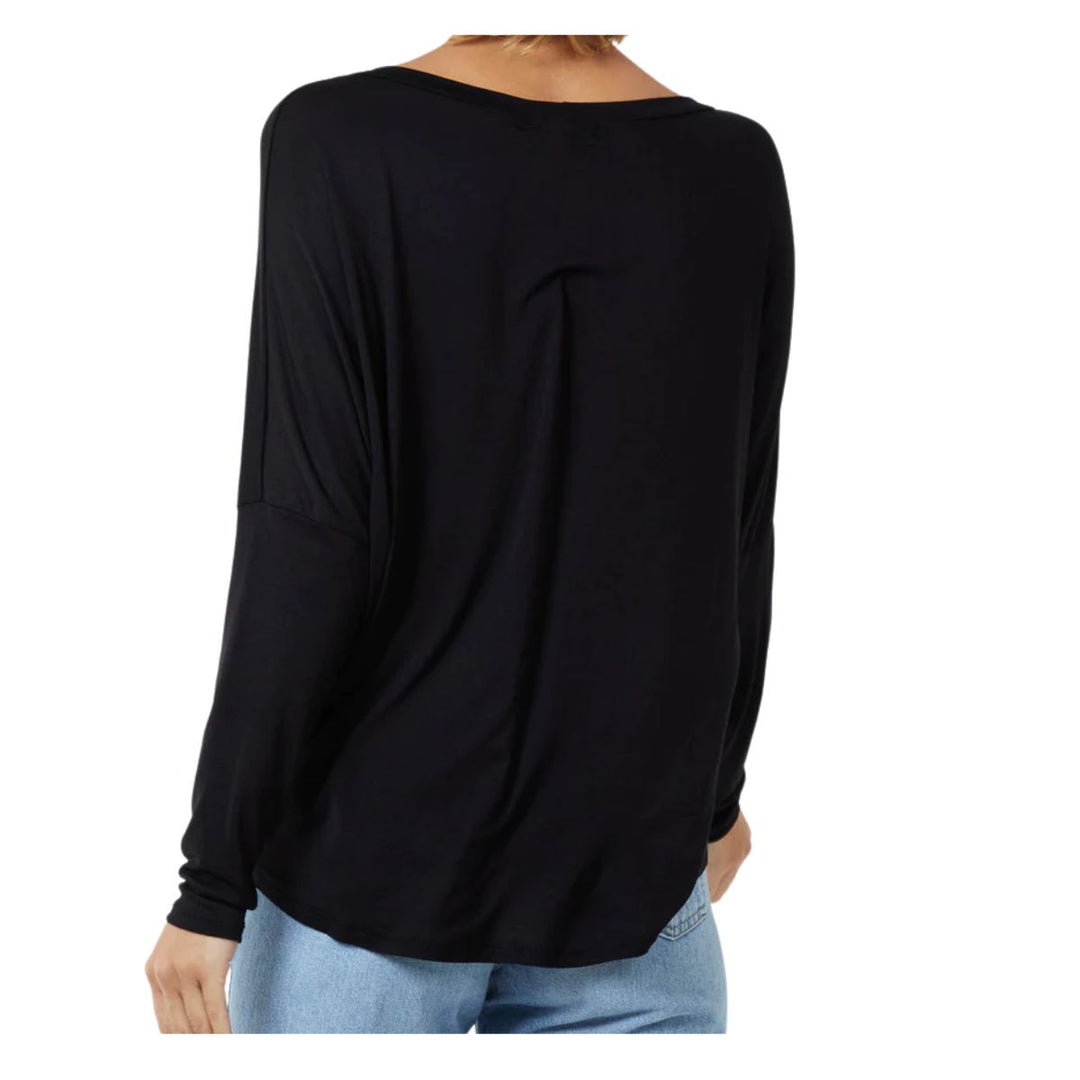 Ellie Essential Round Neck Relaxed Fit Stretch Fabric Top Black - Sugarplum Boutique