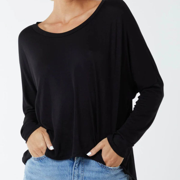 Ellie Essential Round Neck Relaxed Fit Stretch Fabric Top Black - Sugarplum Boutique