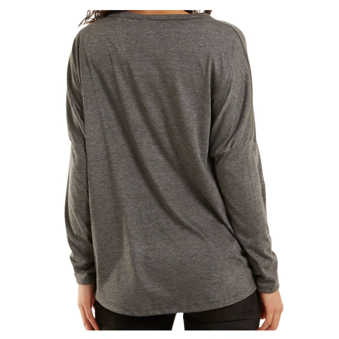 Ellie Essential Round Neck Relaxed Fit Stretch Fabric Top Dark Grey - Sugarplum Boutique