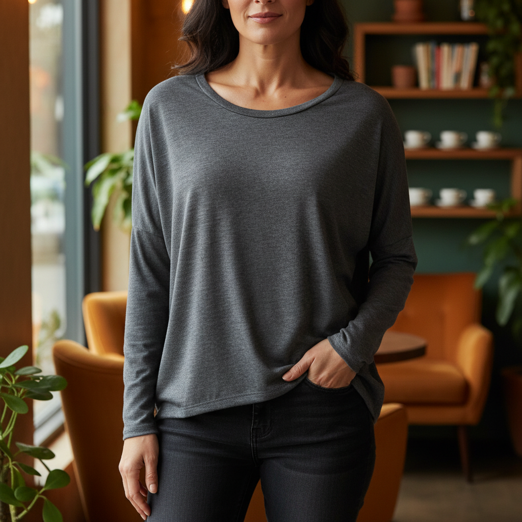 Ellie Essential Round Neck Relaxed Fit Stretch Fabric Top Dark Grey - Sugarplum Boutique