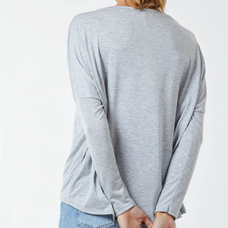 Ellie Essential Round Neck Relaxed Fit Stretch Fabric Top Light Grey - Sugarplum Boutique