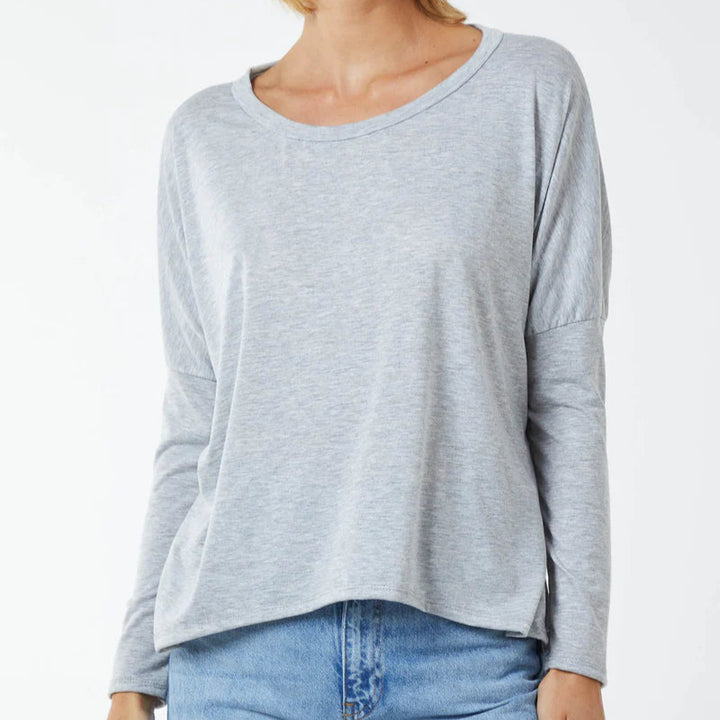 Ellie Essential Round Neck Relaxed Fit Stretch Fabric Top Light Grey - Sugarplum Boutique